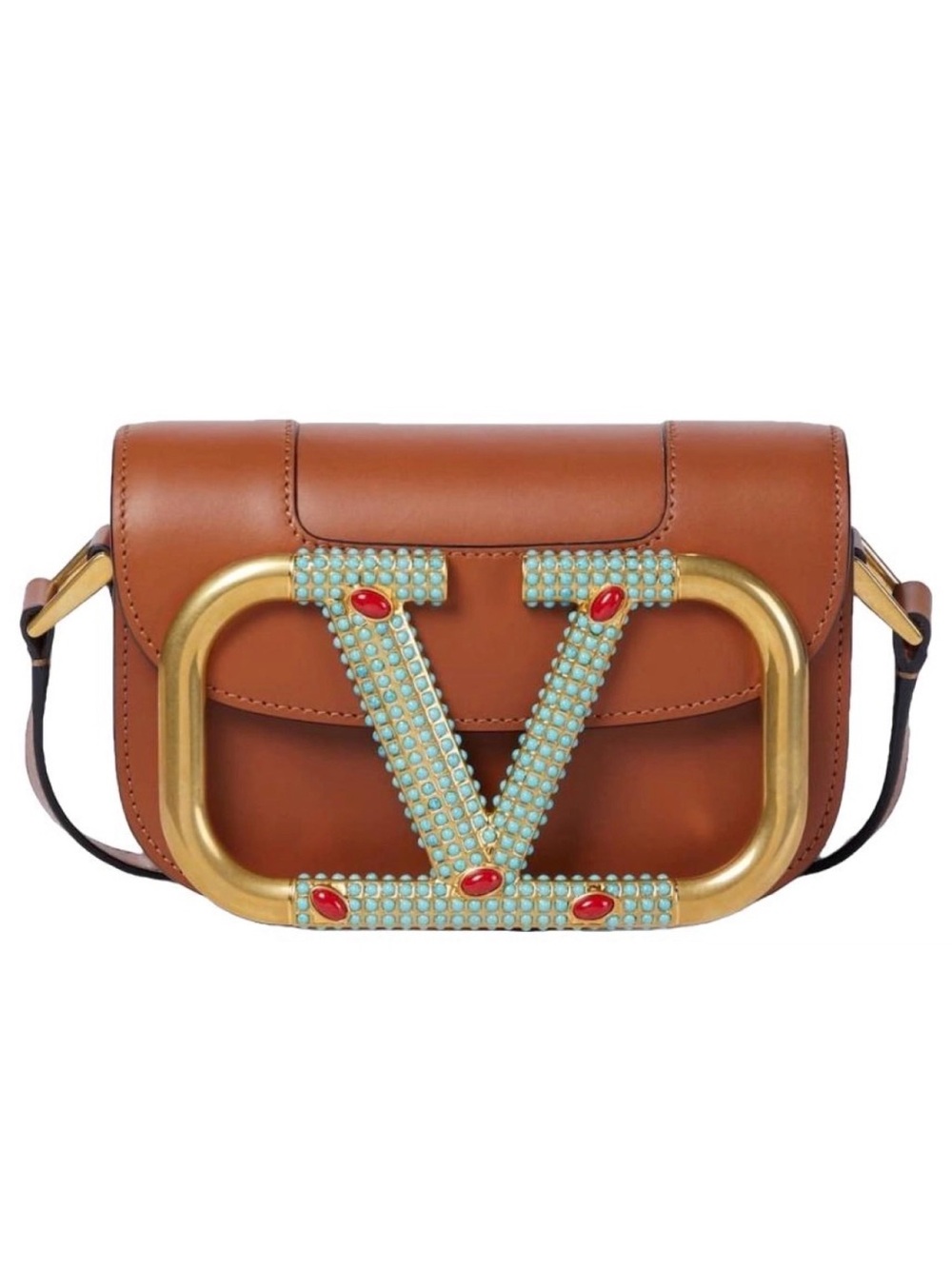 VALENTINO - VLOGO BAG LEATHER BROWN WITH TURQUOISE STUDS CROSSBODY